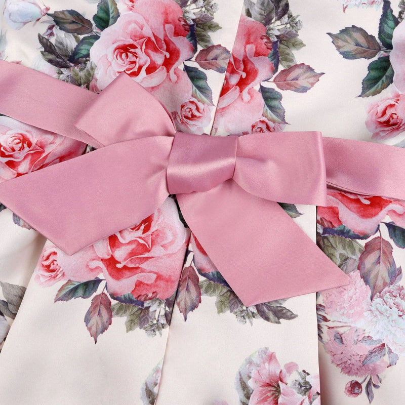 Girls Cream Floral Printed Sleeveless Fit & Flare Dress With Bow Detail Casual Dresses