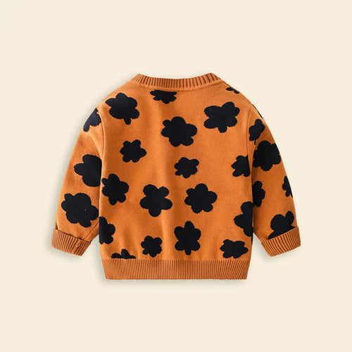 Boys Orange Self-Design Floral Pattern Knitted Cardigan Sweaters & Cardigans