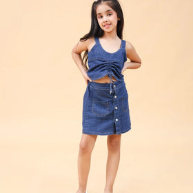 Girls Sleeveless Denim Top With Denim Skirt Sets