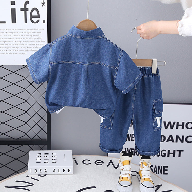 Boys Blue Denim Short Sleeves Shirt With T-Shirt And Cargo Pants Set 3 pc. Sets