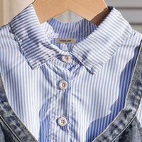 Girls Blue Pinstripe Long Sleeve Shirt Dress With Denim Vest Casual Dresses