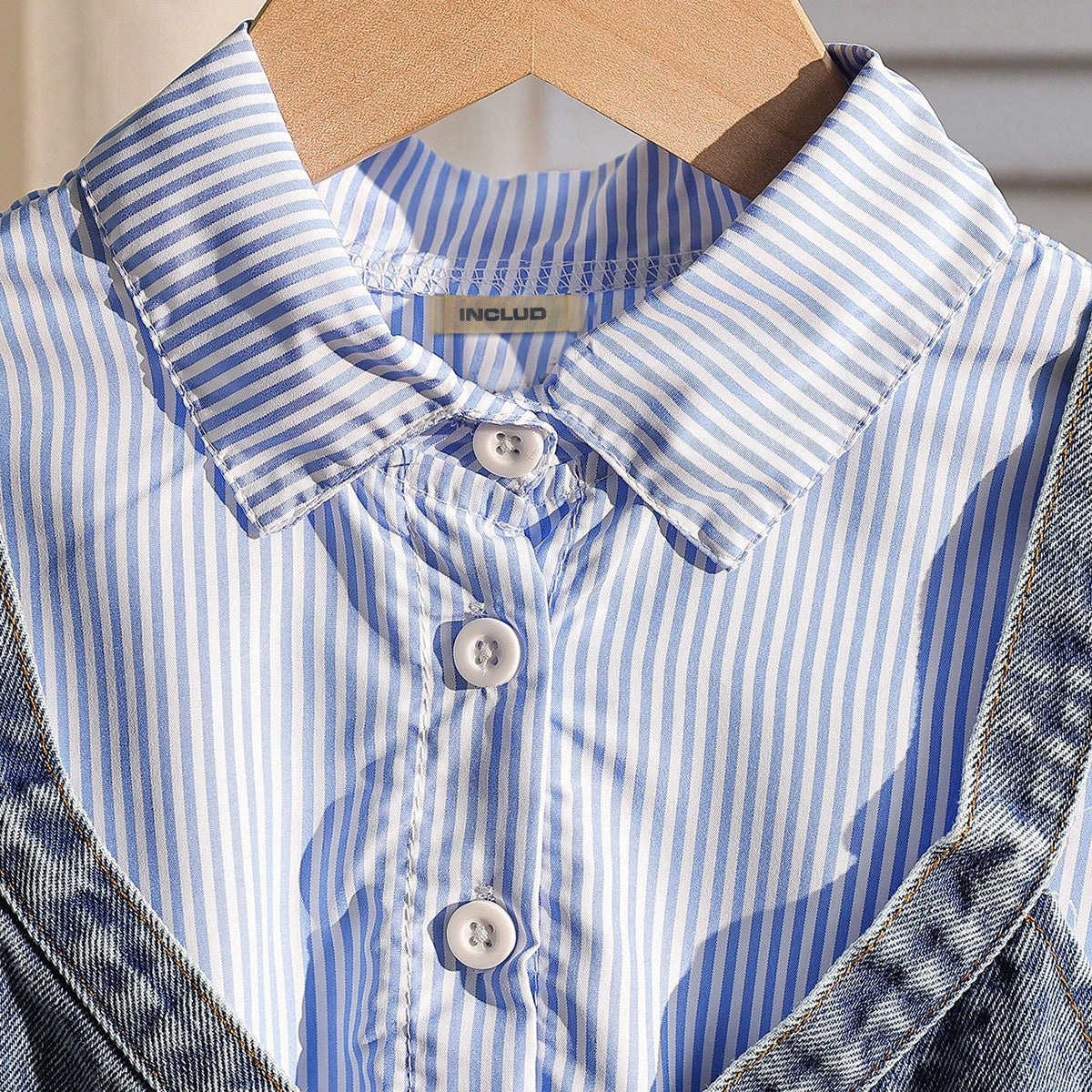 Girls Blue Pinstripe Long Sleeve Shirt Dress With Denim Vest Casual Dresses