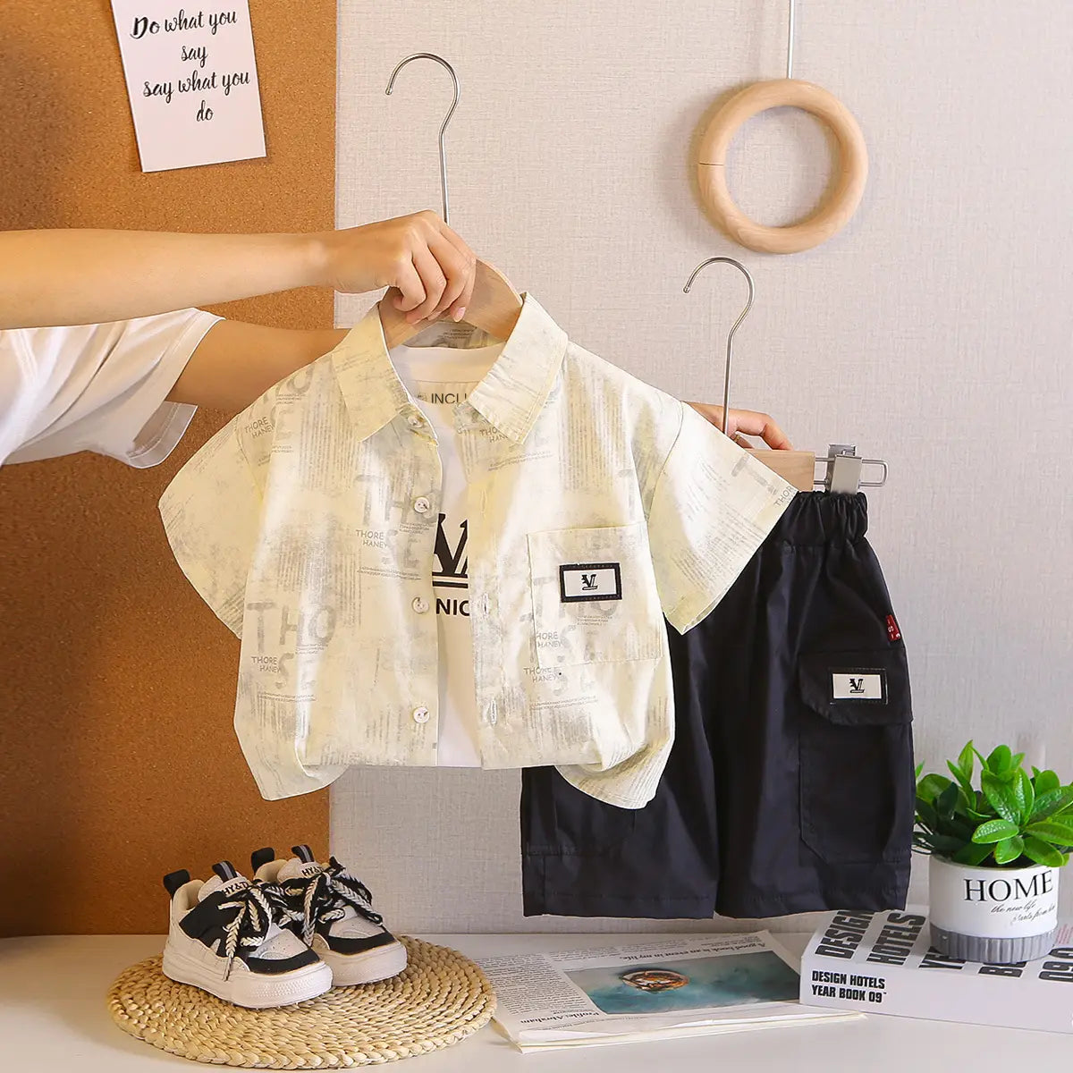 Boys Cream Typographic Shirt With T-Shirt And Elasticated Shorts Sets 3 pc. Sets Cream 1-2 Y