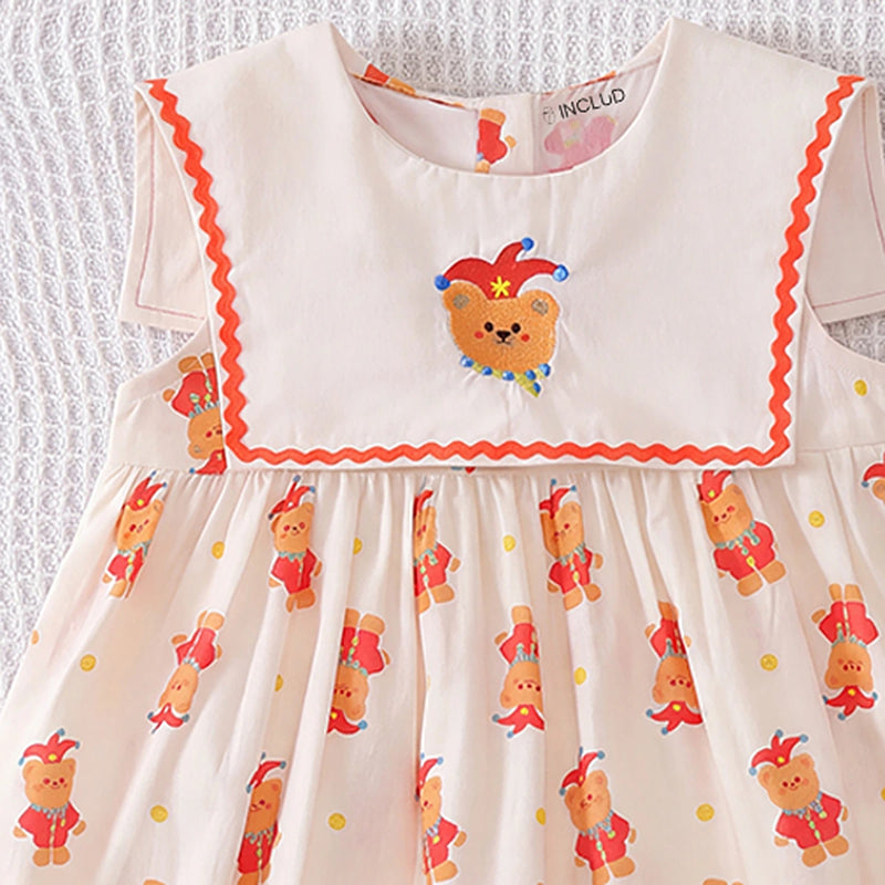 Girls Off White Sleeveless Cartoon Characters Print Flared Dress Casual Dresses