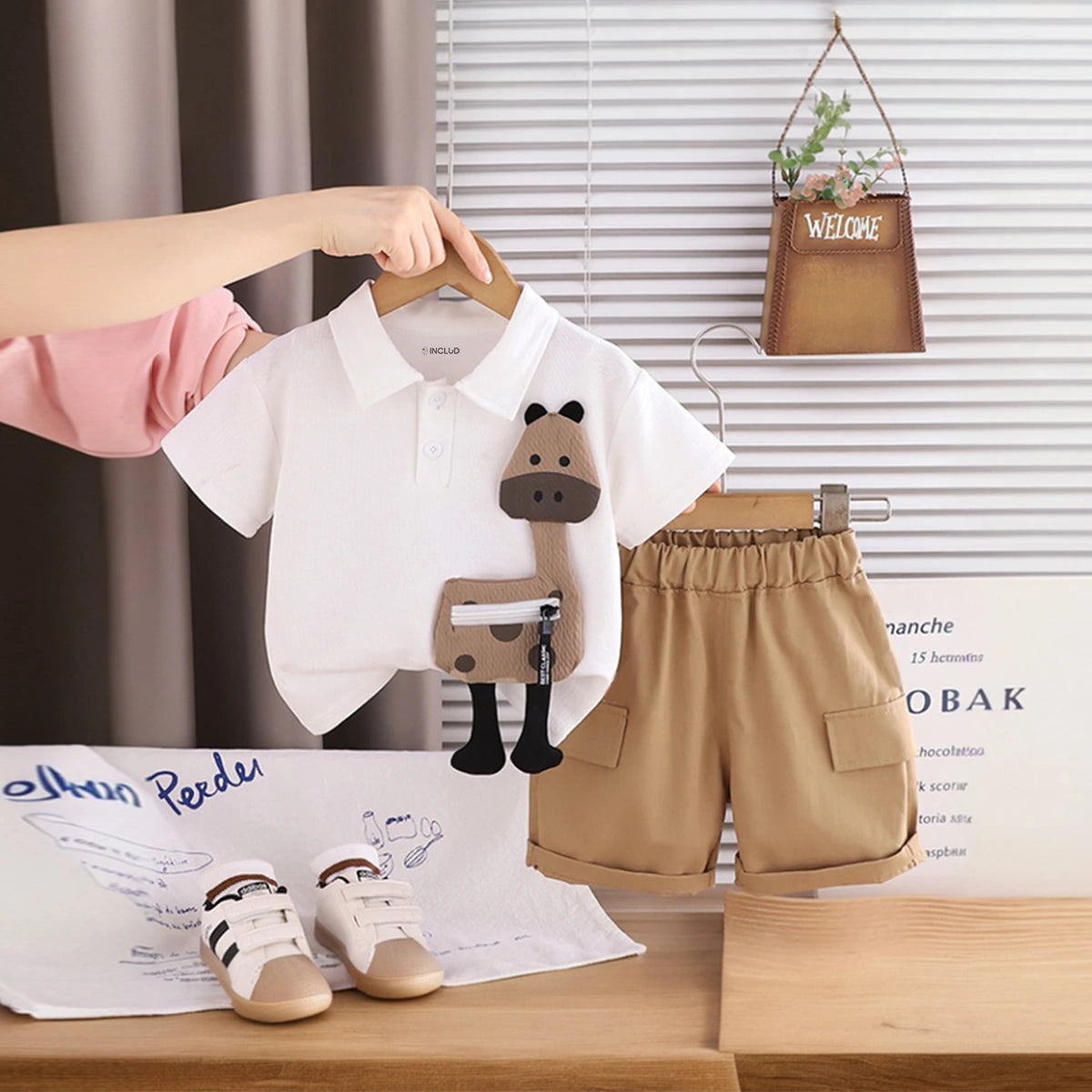 Boys White Animal Applique Short Sleeve Polo T-Shirt With Elasticated Shorts Sets 2 pc. Sets White 1-2 Y