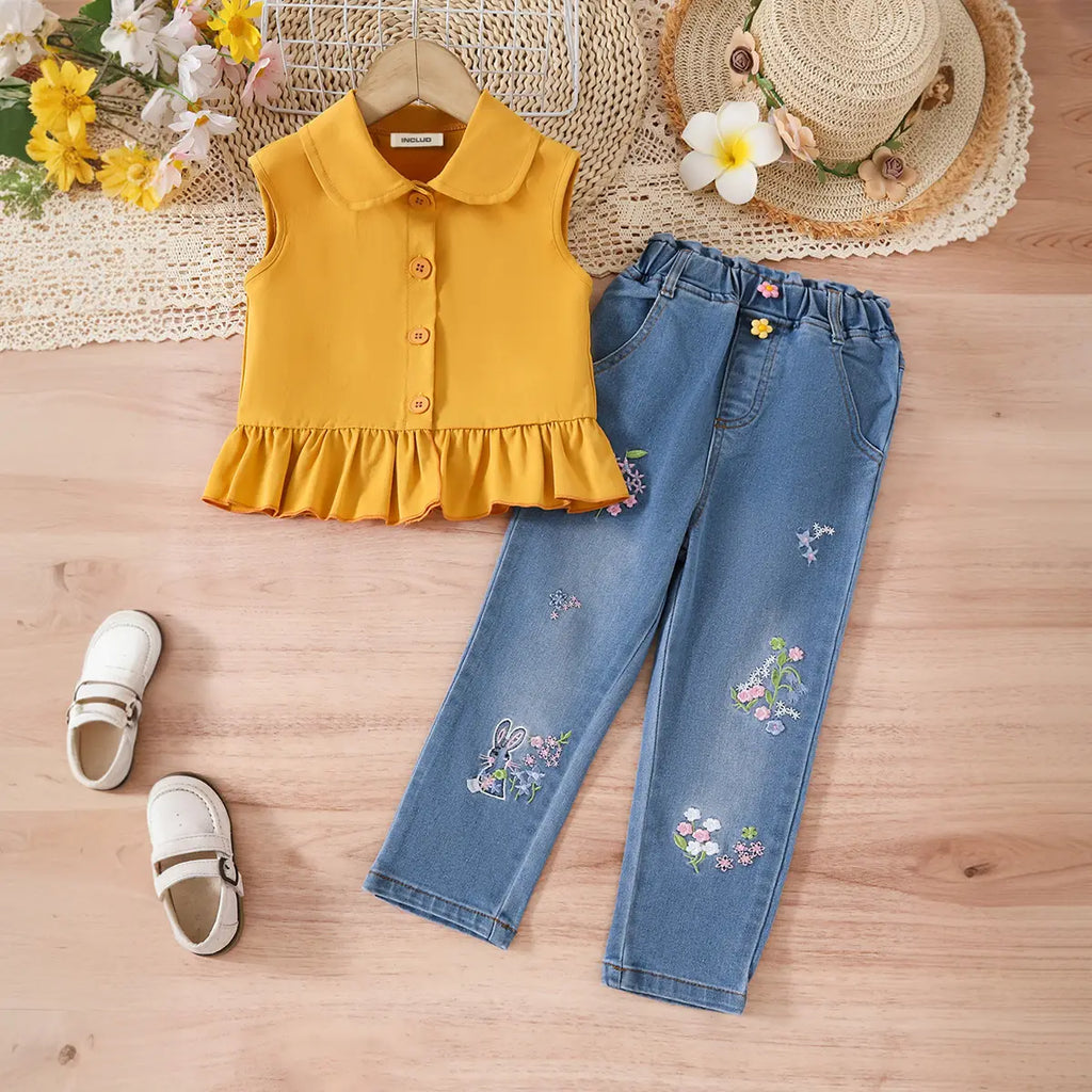 Girls Yellow Sleeveless Ruffled Top With Embroidered Denim Pants Set Sets Yellow 3-4 Y