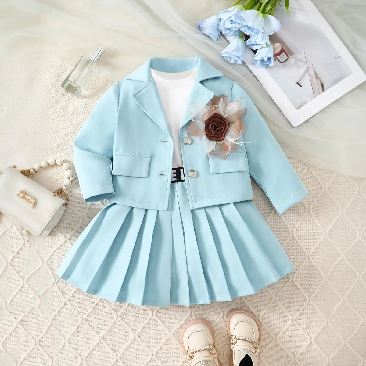 Girls Light Blue Flower Applique Jacket With T-Shirt & Skirt Sets Sets