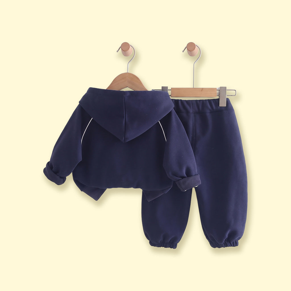 Boys Navy Blue Applique Hooded Zip-up Sweatshirt With Pants Sets Sets