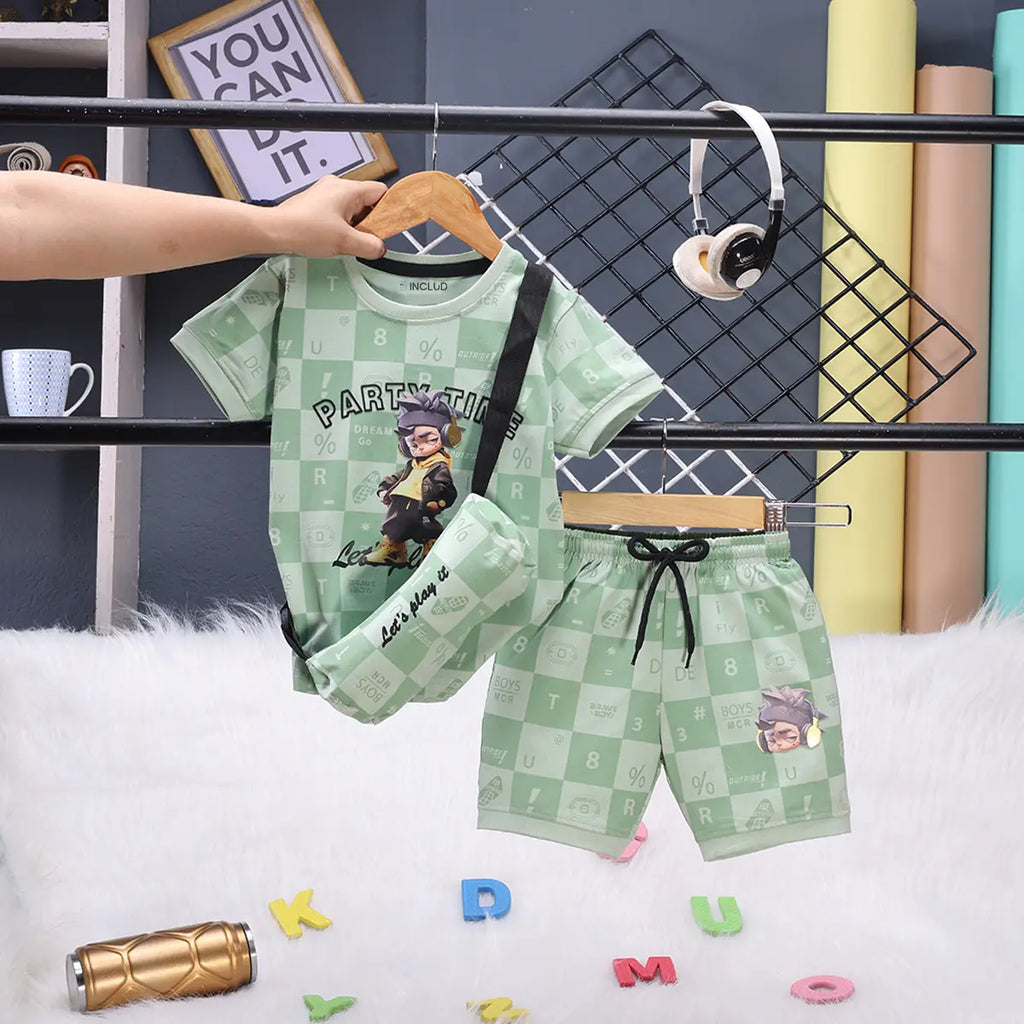 Boys Green Check Graphic T-Shirt With Elasticated Shorts Sets Sets Green 1-2 Y