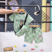 Boys Green Check Graphic T-Shirt With Elasticated Shorts Sets Sets Green 1-2 Y