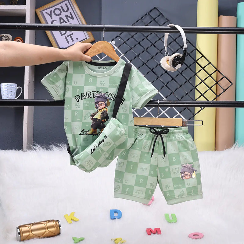 Boys Green Check Graphic T-Shirt With Elasticated Shorts Sets Sets Green 1-2 Y