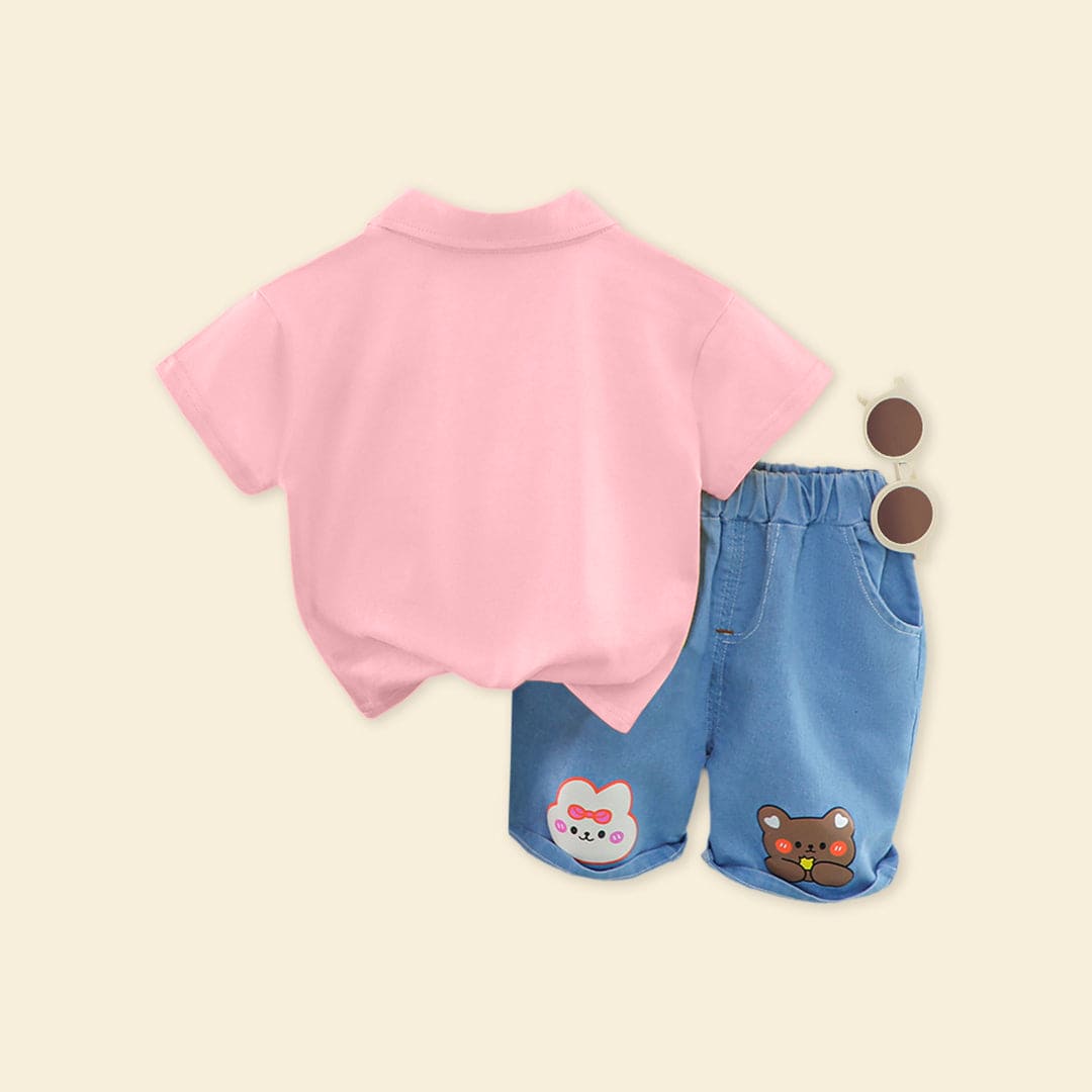 Boys Pink Bear Embroidery Polo T-Shirt With Denim Shorts Sets   