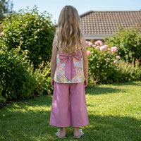 Girls Pink Floral Print Pleated Top With Wide-Leg Pants Set Sets