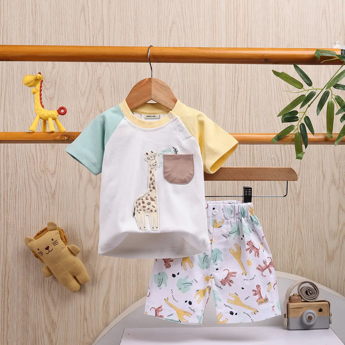 Boys Yellow Animal Applique T-Shirt With Printed Shorts Sets 2 pc. Sets Yellow 0-3 M