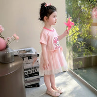 Girls Pink Printed Round Neck T-shirt Dress with Bow Detail Casual Dresses