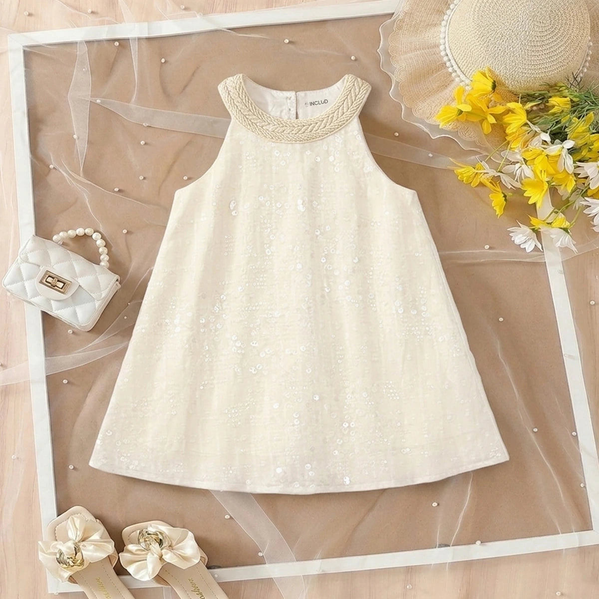 Girls Apricot Sequin Embellished Sleeveless A-line Dress Casual Dresses Apricot 2-3 Y
