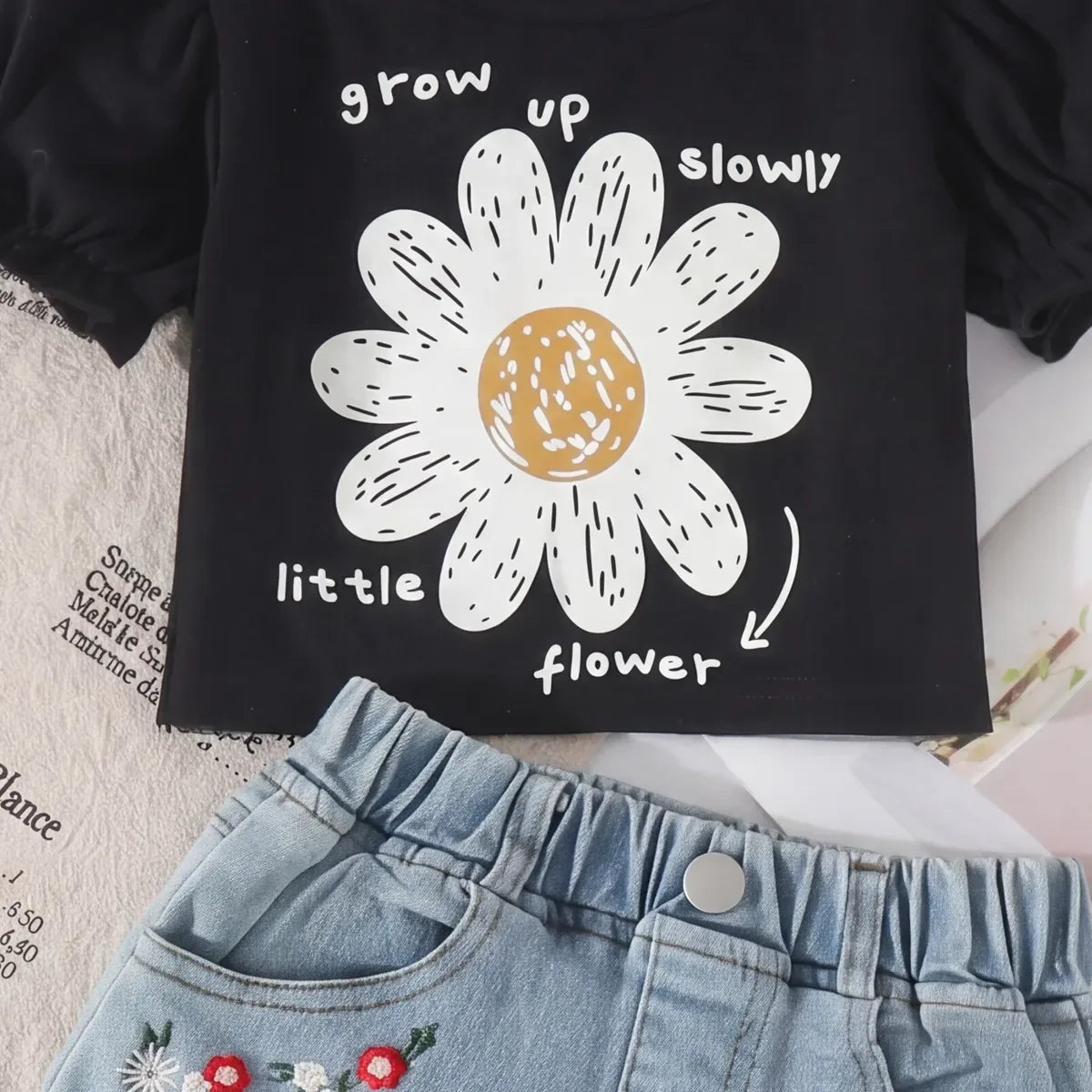 Girls Black Floral Print Top With Embroidered Denim Shorts Set Sets