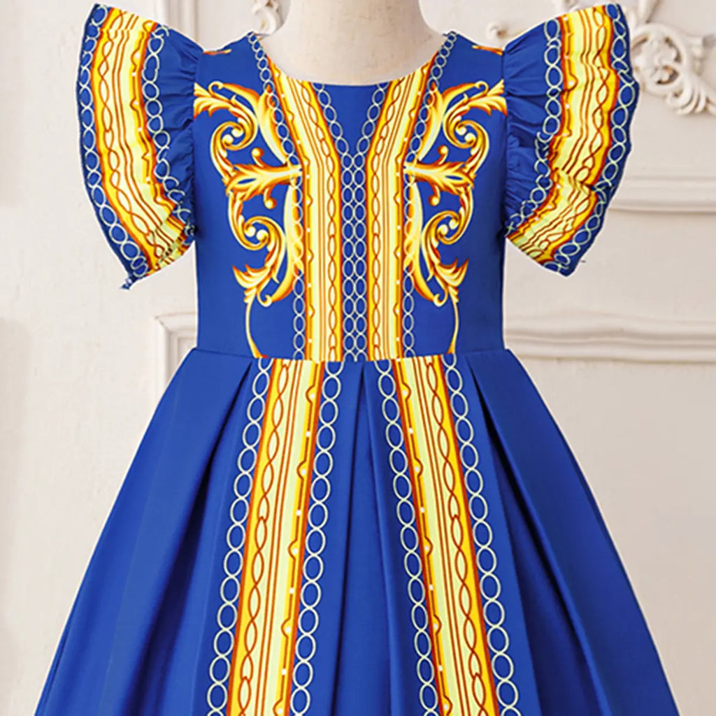 Girls Blue Printed Fit & Flare Dress With Flutter Sleeves Casual Dresses