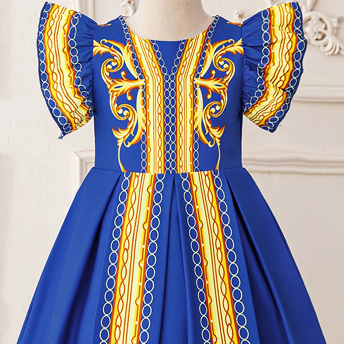 Girls Blue Printed Fit & Flare Dress With Flutter Sleeves Casual Dresses