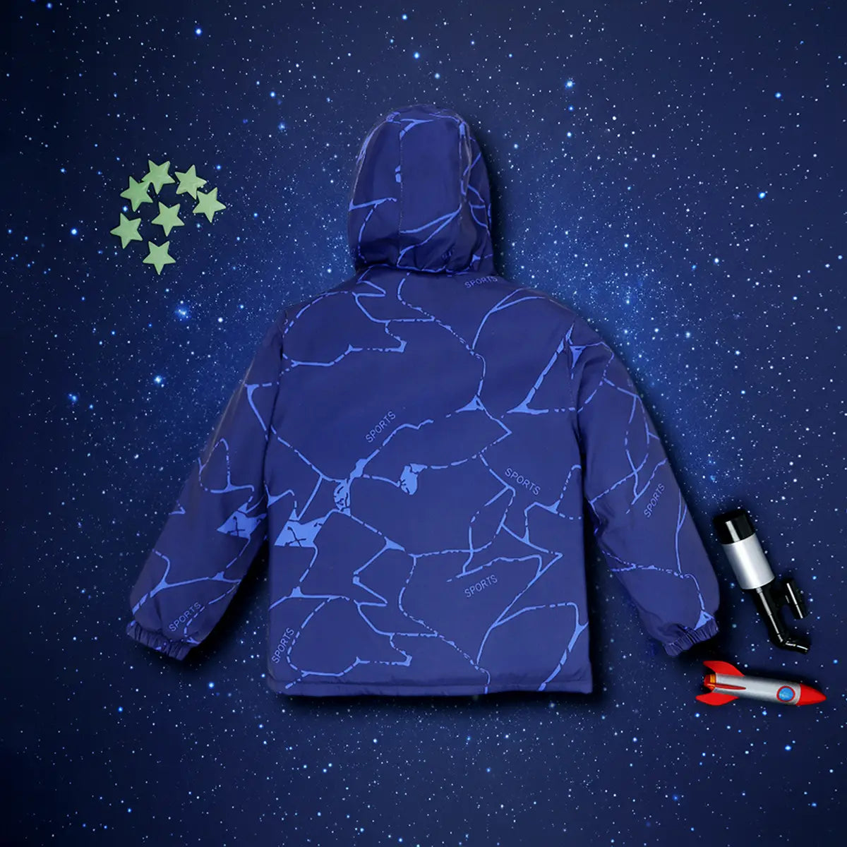 Boys Navy Blue Abstract Printed Hooded Zipper Jacket Coats & Jackets