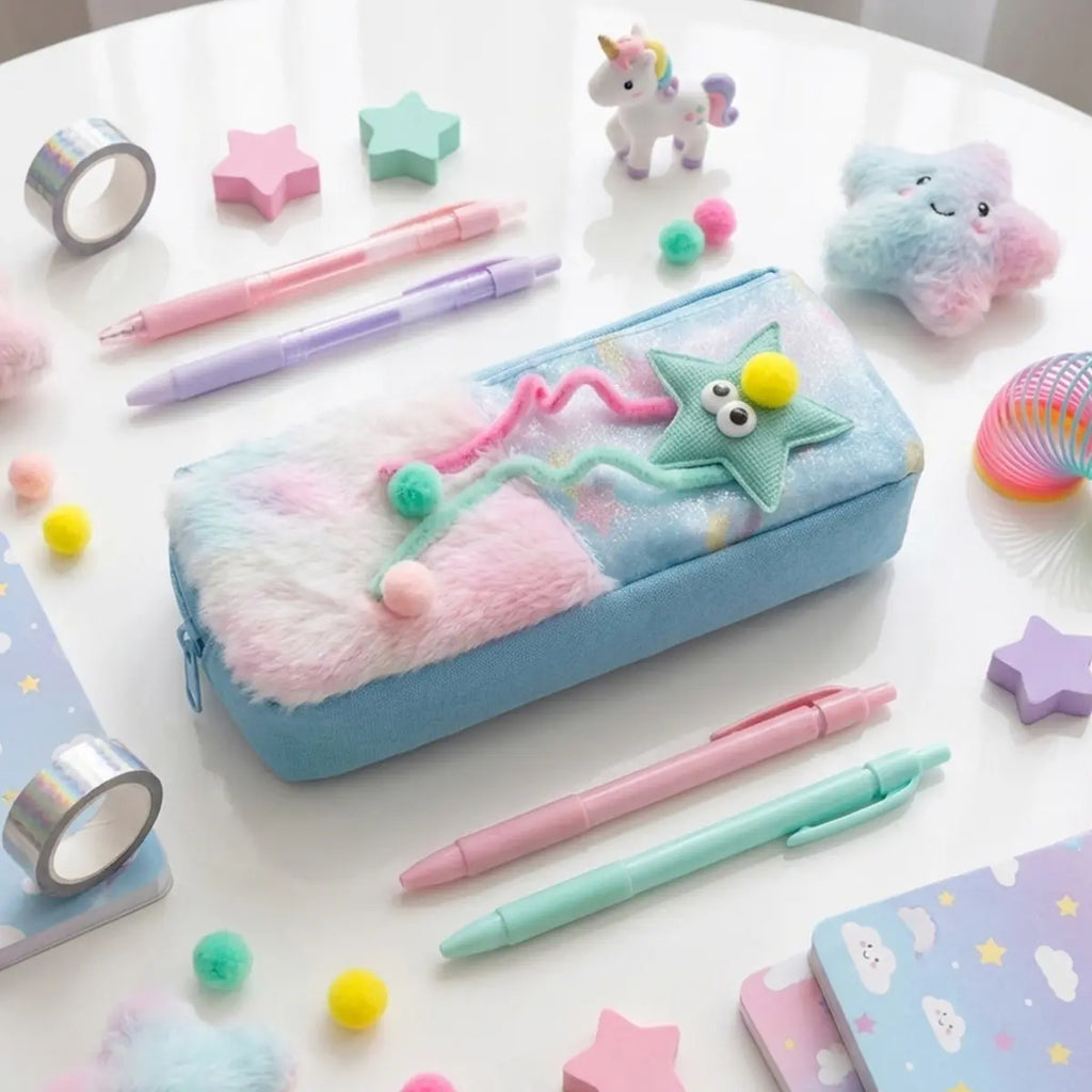 Girls Plush Fur Pencil Pouch with Star Design -Cute Zipper Pencil Case for School Trending Accessories
