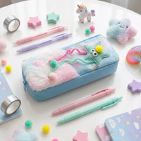 Girls Plush Fur Pencil Pouch with Star Design -Cute Zipper Pencil Case for School Trending Accessories