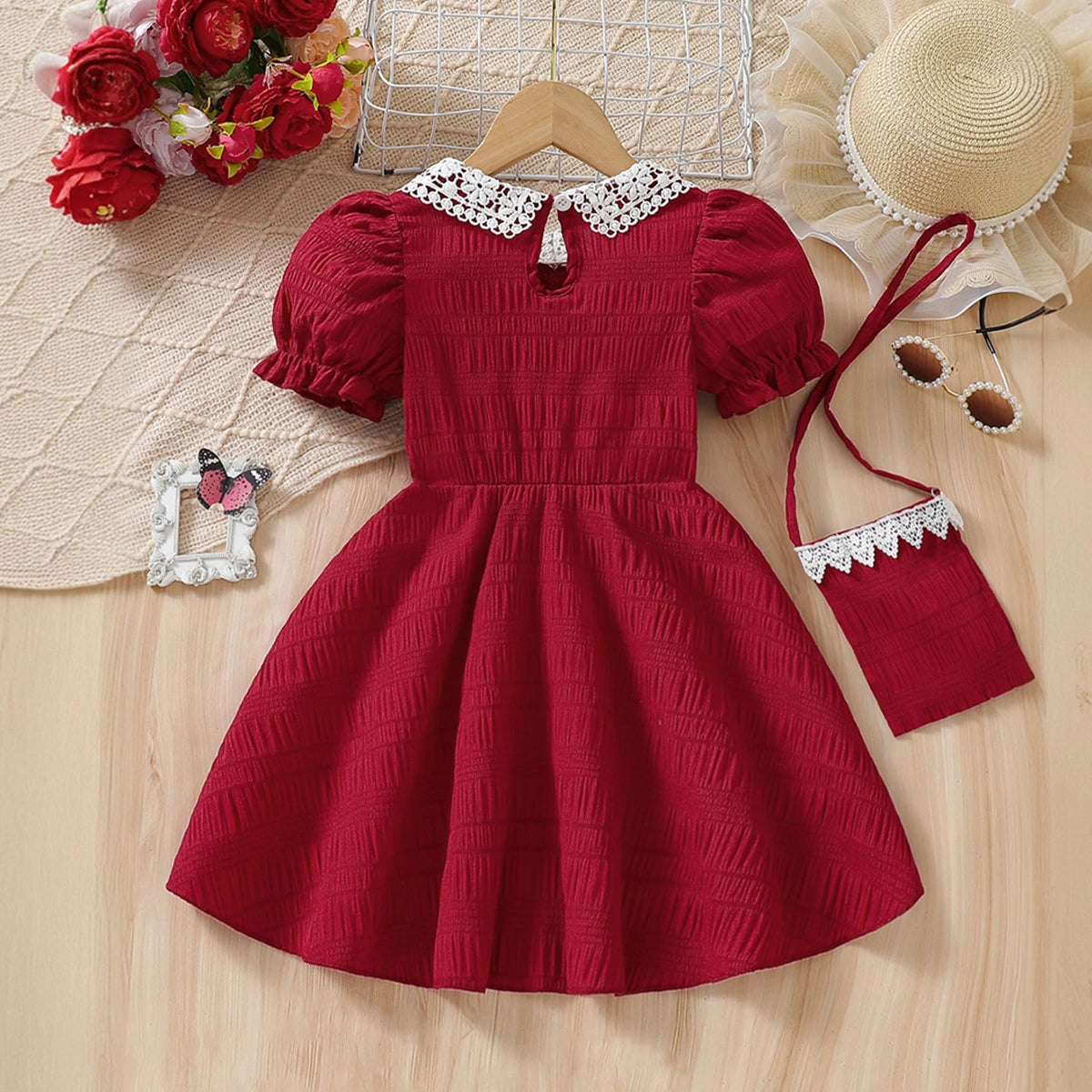 Girls Maroon Textured Puff Sleeve Fit & Flare Dress Casual Dresses
