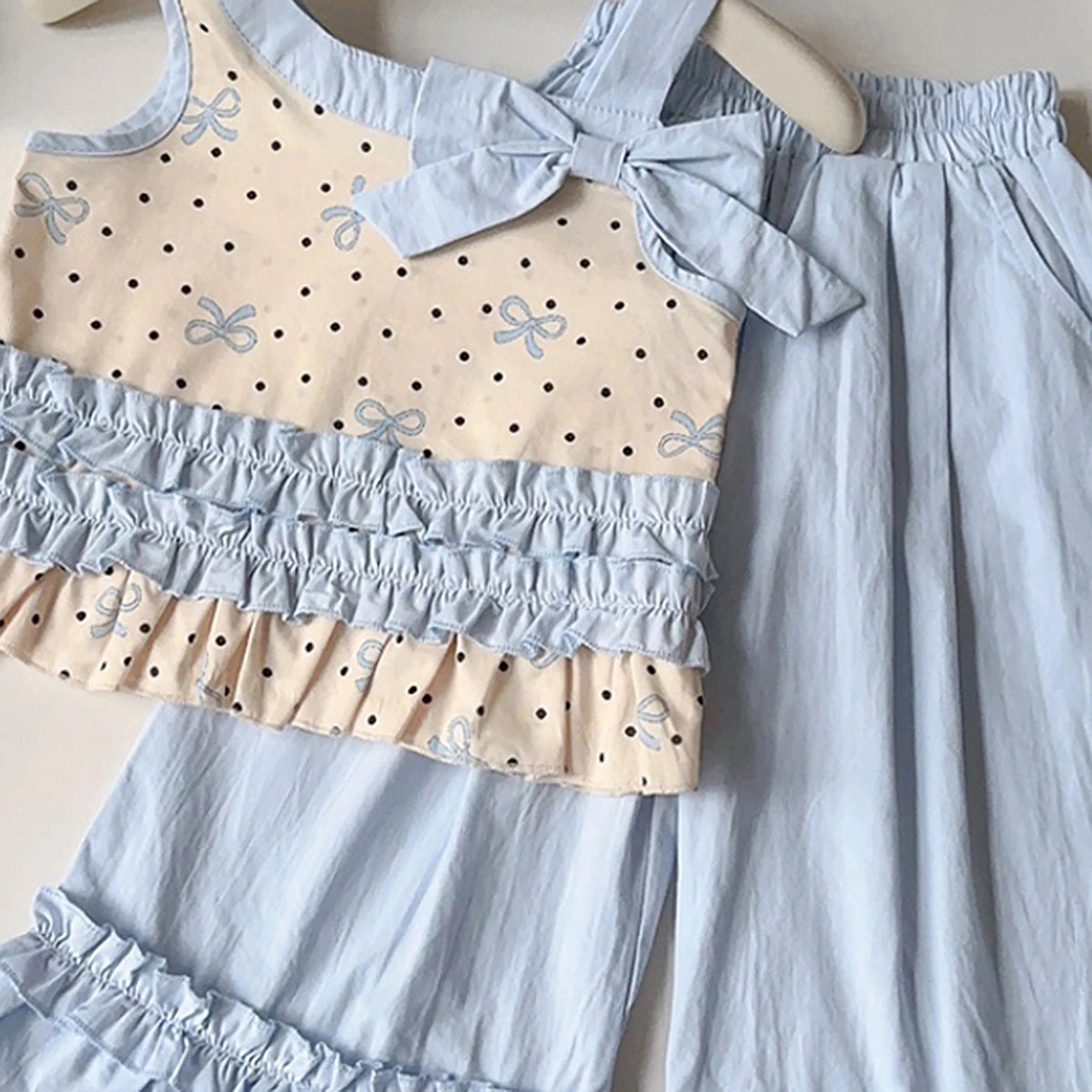 Girls Light Blue Polka Dot Printed Top with Elasticated Pants Sets 2 pc. Sets