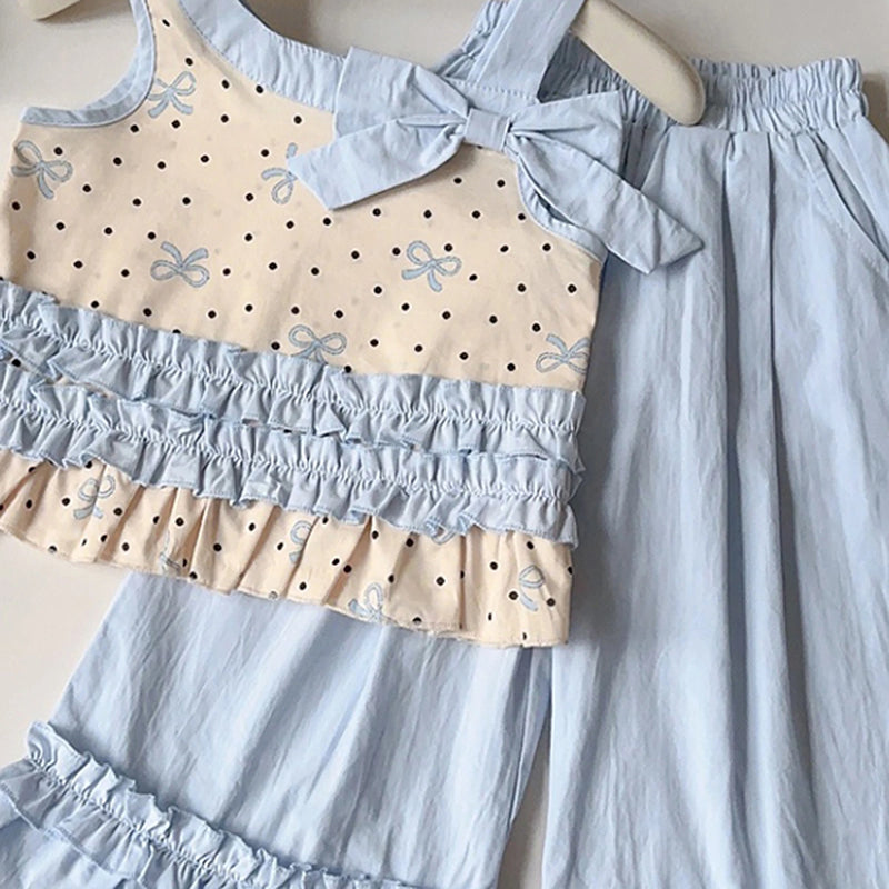 Girls Light Blue Polka Dot Printed Top with Elasticated Pants Sets 2 pc. Sets