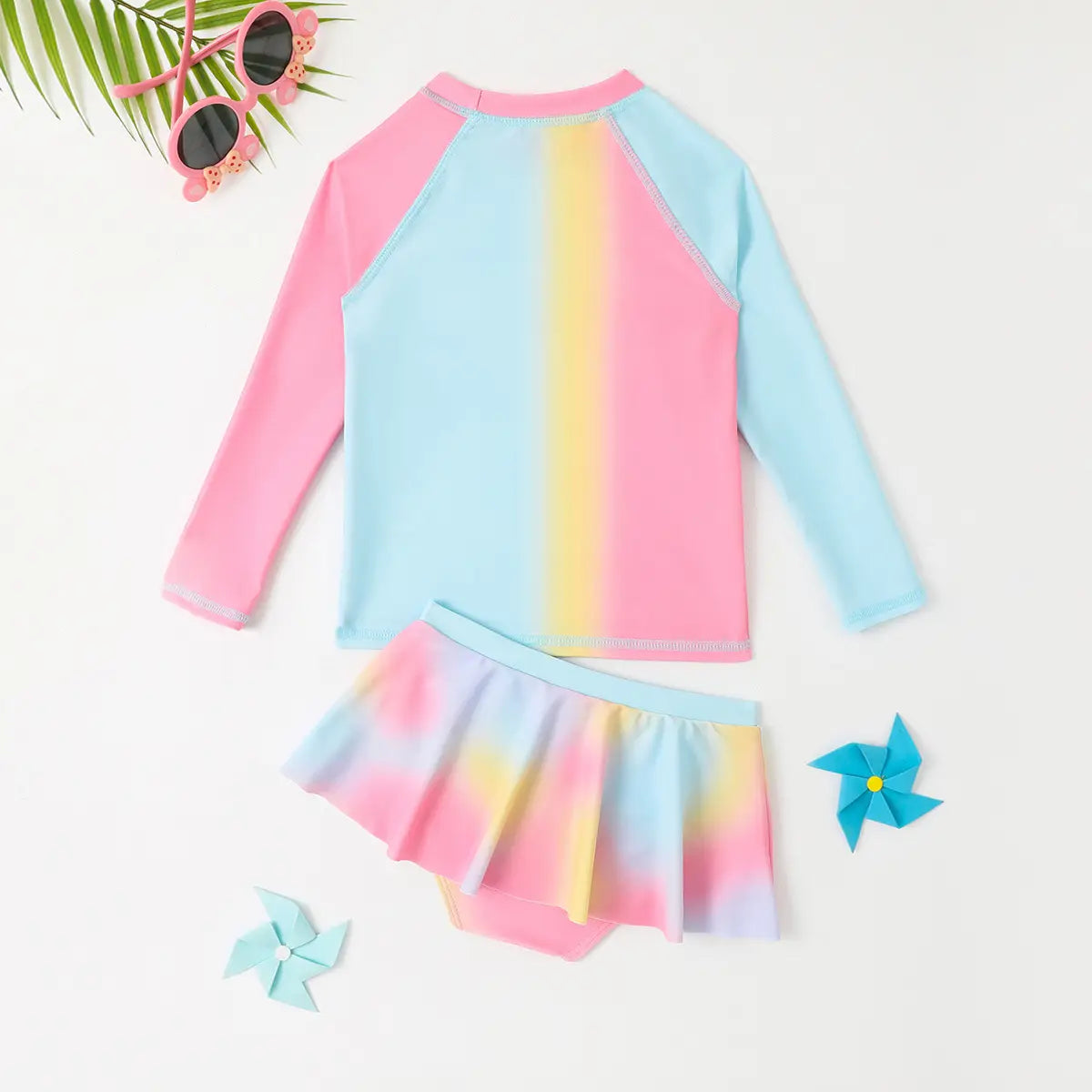 Girls Multicolor Typographic Print T-Shirt With Skorts Swimwear Sets Beachwear
