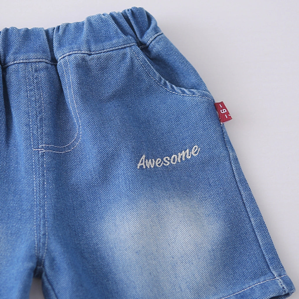 Boys Grey Typographic Print T-Shirt With Denim Shorts Set Sets