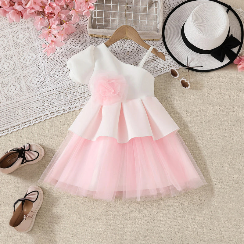 Girls White Flower Applique One Shoulder Fit & Flare Party Dress Party Dresses White 3-4 Y