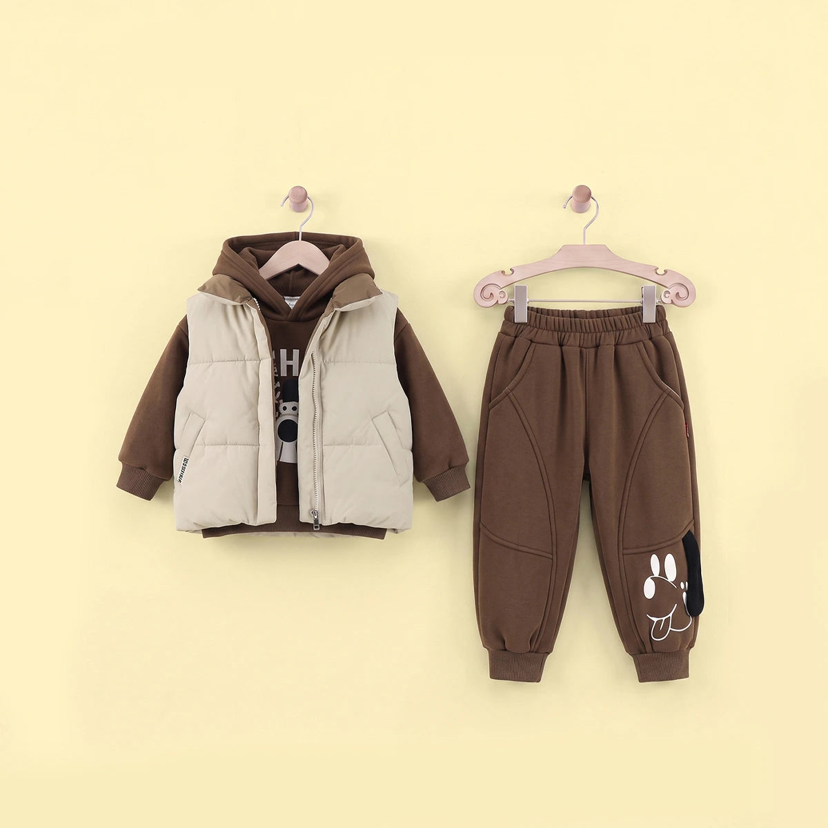 Boys Sleeveless Jacket With Regular Sweatshirt And Trouser Sets 3 pc. Sets Brown 1-2 Y