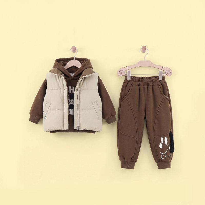 Boys Sleeveless Jacket With Regular Sweatshirt And Trouser Sets 3 pc. Sets Brown 1-2 Y