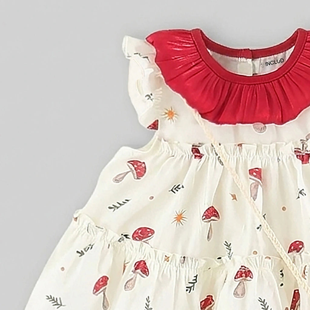 Girls Off White Mushroom Print Fit & Flare Casual Dress Casual Dresses