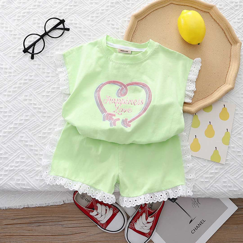 Girls Heart Print Short Sleeve T-Shirt With Shorts Set 2 pc. Sets   