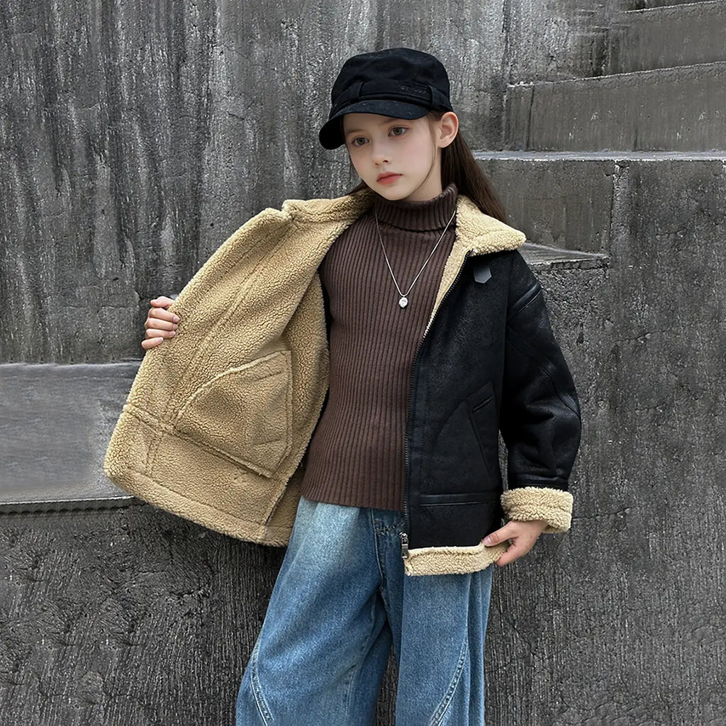 Girls Black Faux Leather Heavy Jacket With Fleece Lining Coats & Jackets