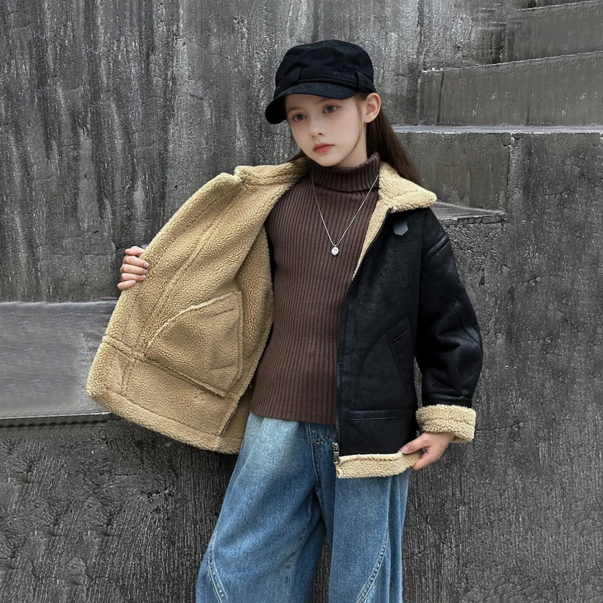 Girls Black Faux Leather Heavy Jacket With Fleece Lining Coats & Jackets