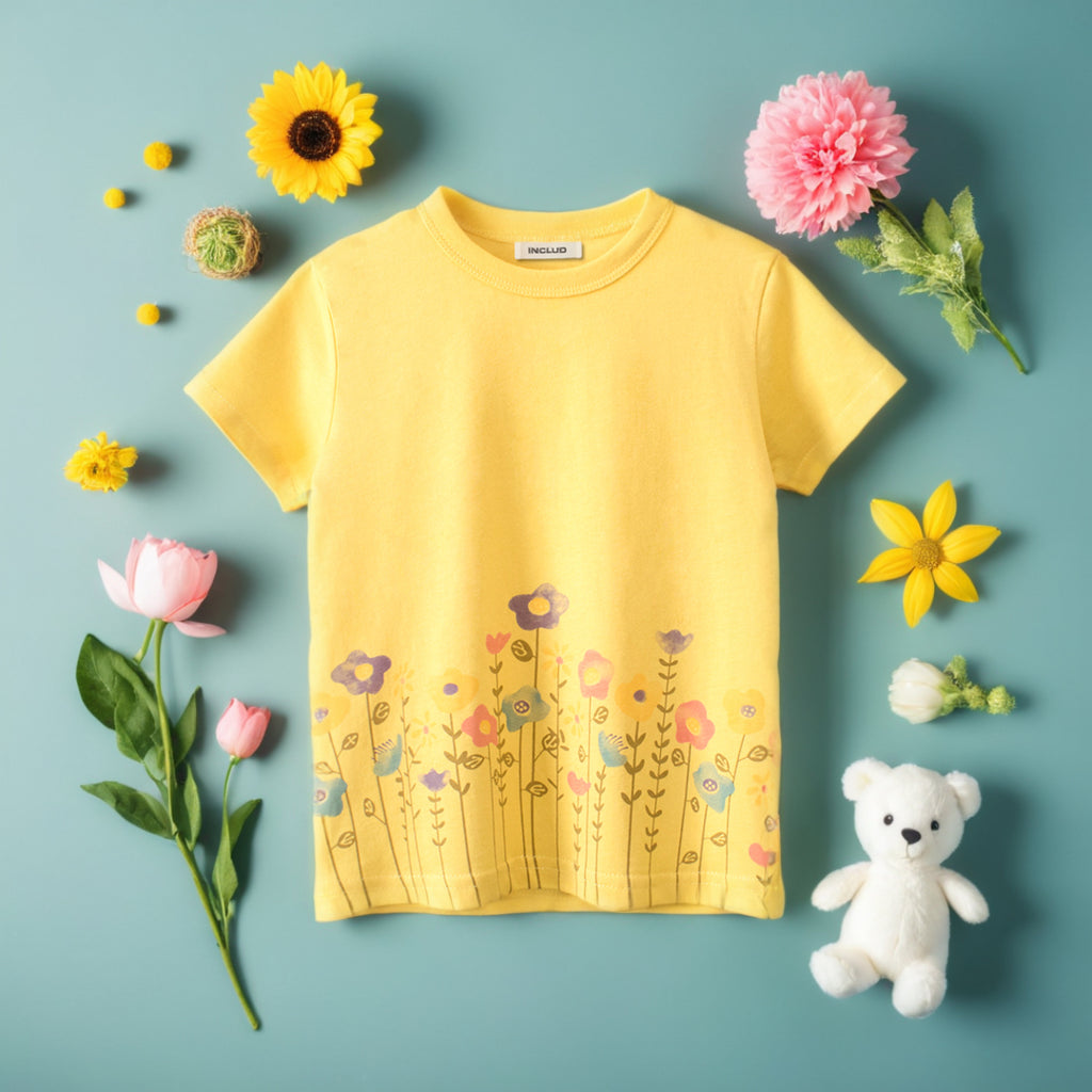 Girls Floral Print Short Sleeves T-Shirt