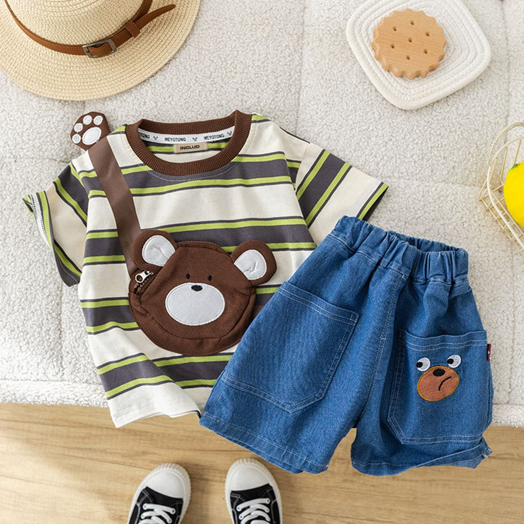 Boys Green Bear Applique Striped T-Shirt With Denim Shorts 2 pc. Sets Green 1-2 Y 