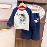 Girls Navy Blue Cat Cartoon Printed Sweatshirt With Pants Sets