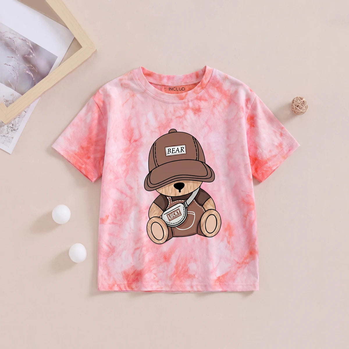 Boys Pink Bear Print Tie-Dye Short Sleeve T-Shirt Tshirts Pink 3-4 Y