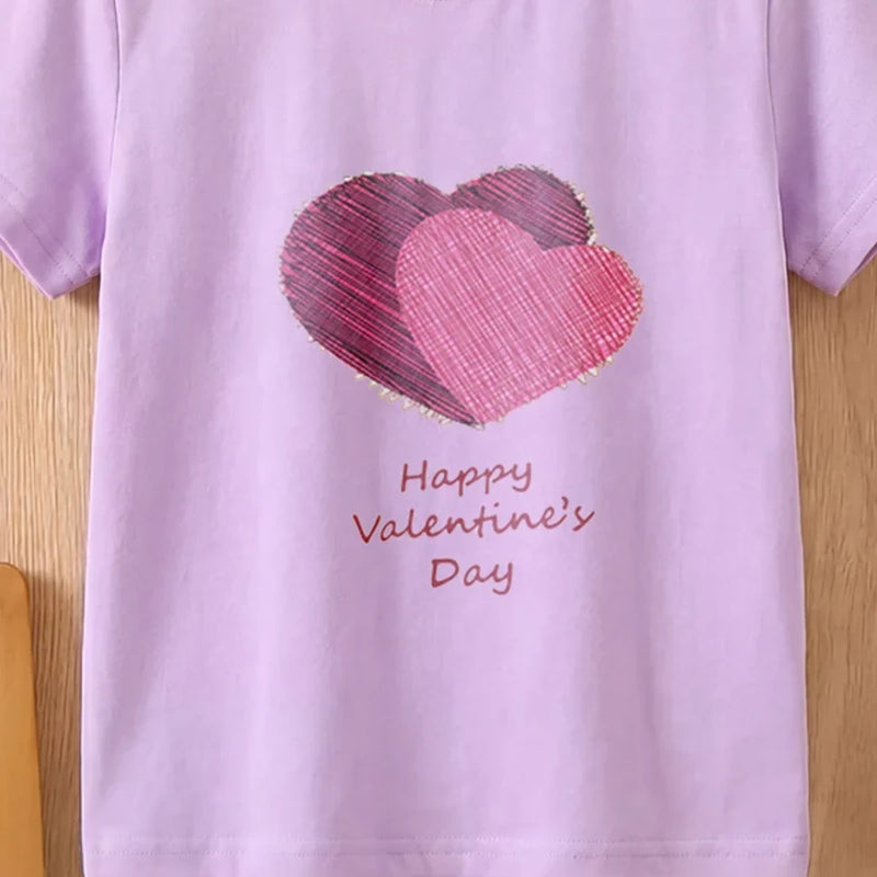 Girls Purple Short Sleeve Heart Print T-Shirt Tshirts
