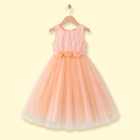 Girls peach sleeveless party gown with floral waist and tulle