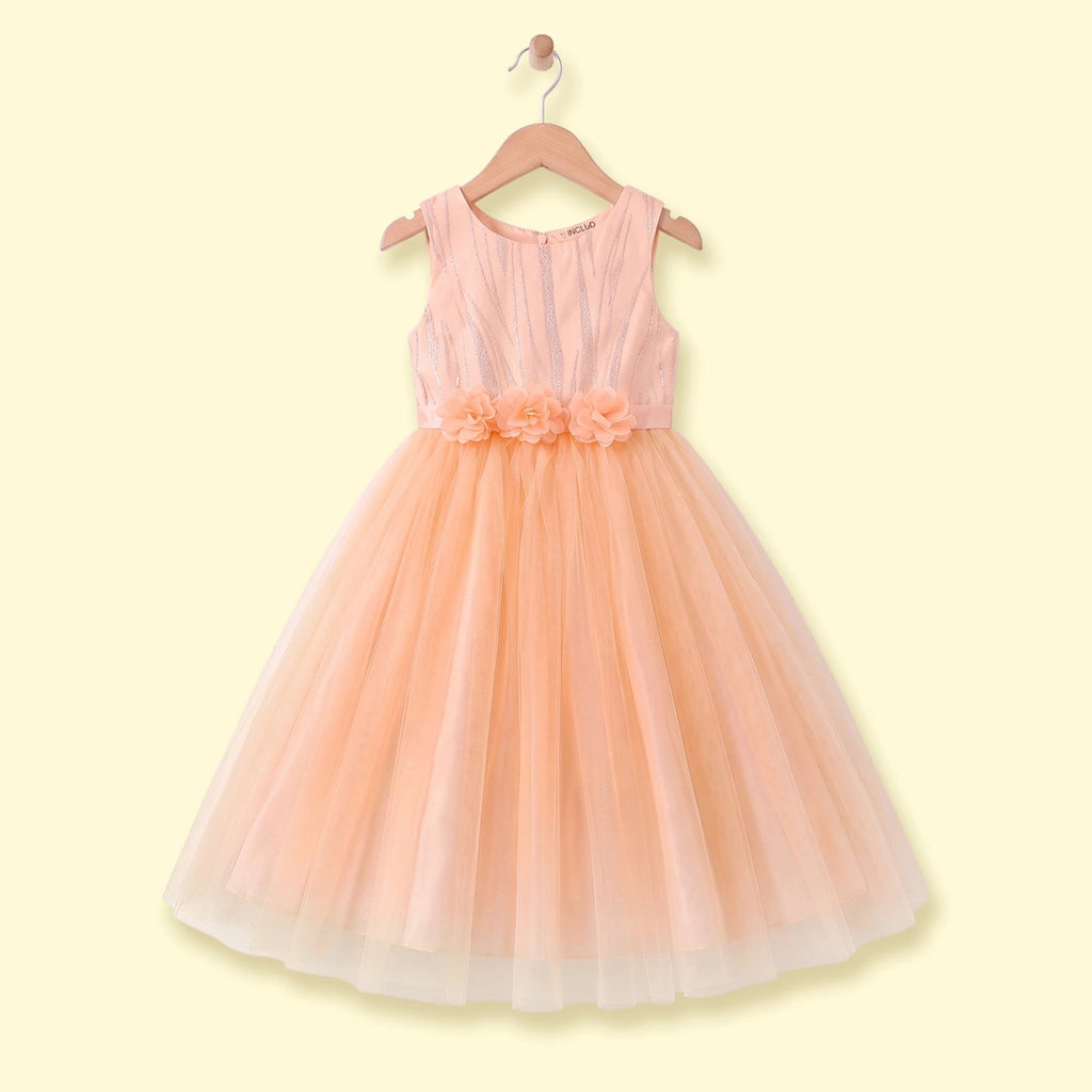 Girls peach sleeveless party gown with floral waist and tulle