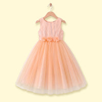 Girls peach sleeveless party gown with floral waist and tulle