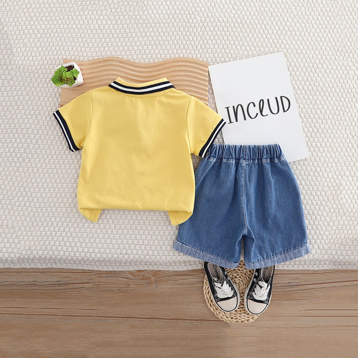 Boys Yellow Striped Collar Short Sleeves Polo T-Shirt With Denim Shorts Set 2 pc. Sets