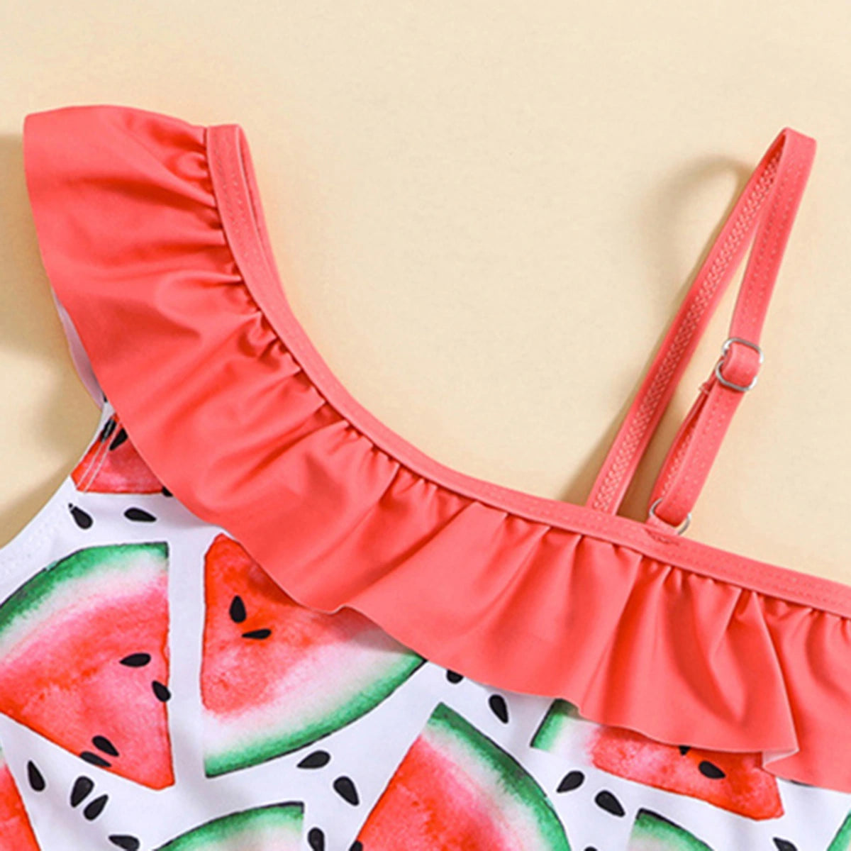Girls Pink Watermelon Printed One Shoulder Top With Briefs Swimwear Sets Sets