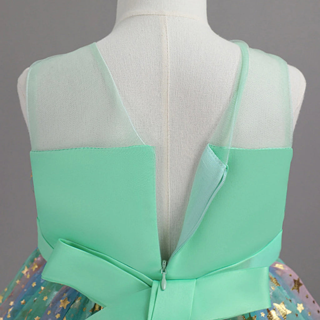Girls Light Green Star Foil Print Sleeveless Fit & Flare Party Wear Dress Party Dresses