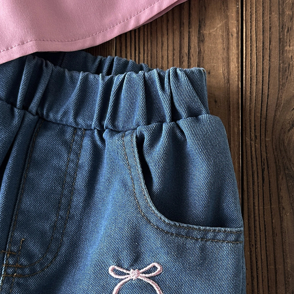 Girls Pink Bow Applique Sleeveless Top With Embroidered Denim Shorts Sets 2 pc. Sets